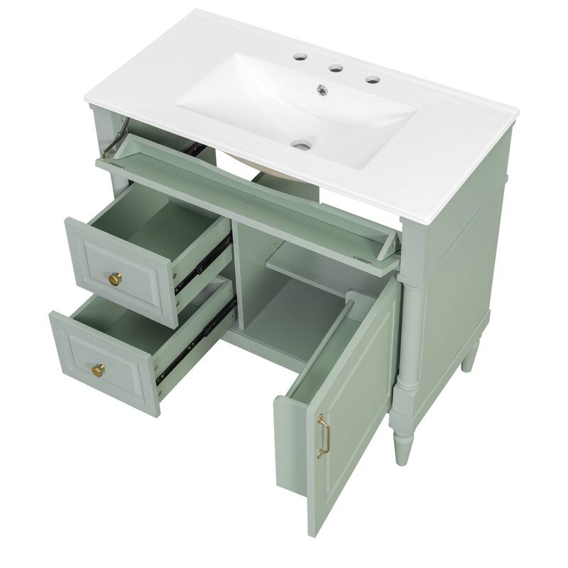 36" Bathroom Vanity with Sink, Freestanding Bathroom Cabinet with Ceramic Basin, Flip Drawer, Adjustable Shelf