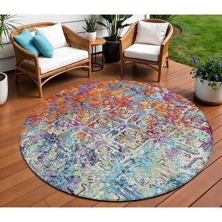 8' Copper Blue And Red Round Geometric Washable Indoor Outdoor Area Rug ...