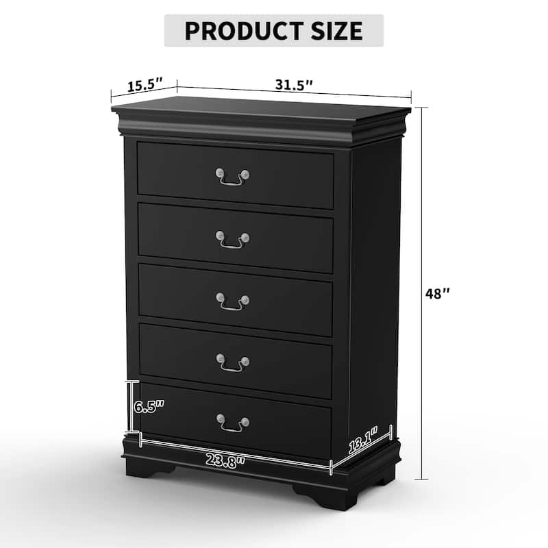 48" Tall Modern Black Solid Wood 5-drawer Storage Chest
