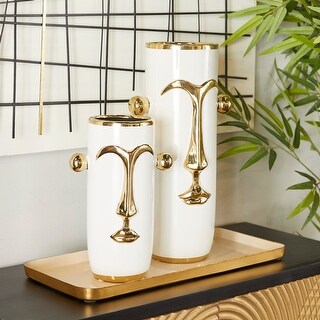 White or Black with Gold Accent Modern Abstract Face Vases (Set of 2)