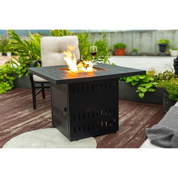 slide 2 of 7, GDFStudio - Niles Black Steel 34-Inch Outdoor Propane Fire Pit Table with Adjustable Flame and Lava Rocks Black