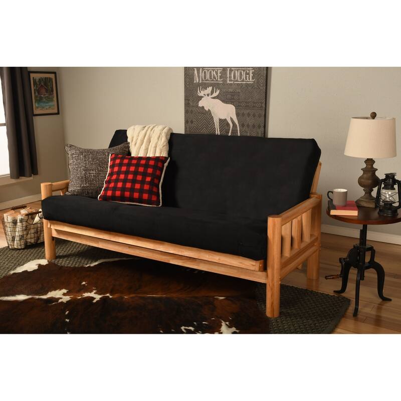 Somette Lodge Futon Set in Natural Finish with Suede Mattress - Suede Black