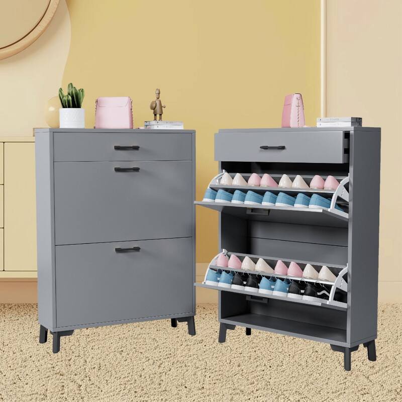 Free-Standing Shoe Organizer Cabinet with 2 Flip-Top Drawers and Metal Legs, Ample Storage for Hallway, Entryway and Porch - Grey