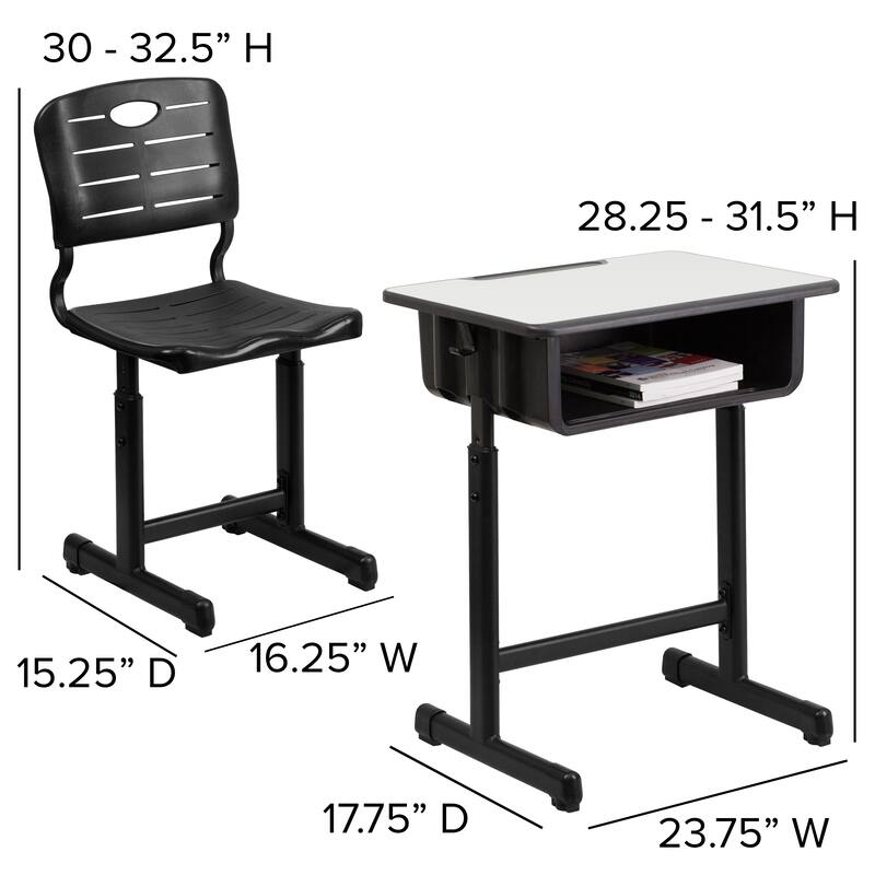 Pedestal Frame Adjustable Height Student Desk and Chair - 23.63"W x 17.75"D x 28.25" - 31.50"H