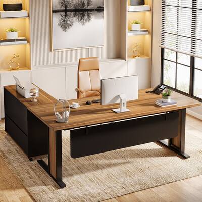 63" Large Executive Desk L Shaped Computer Desk with File Storage Cabinet