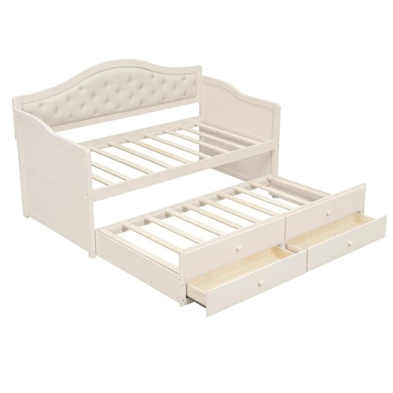 Twin Size Wooden Daybed with Trundle and 2 Drawers, Upholstered Backrest