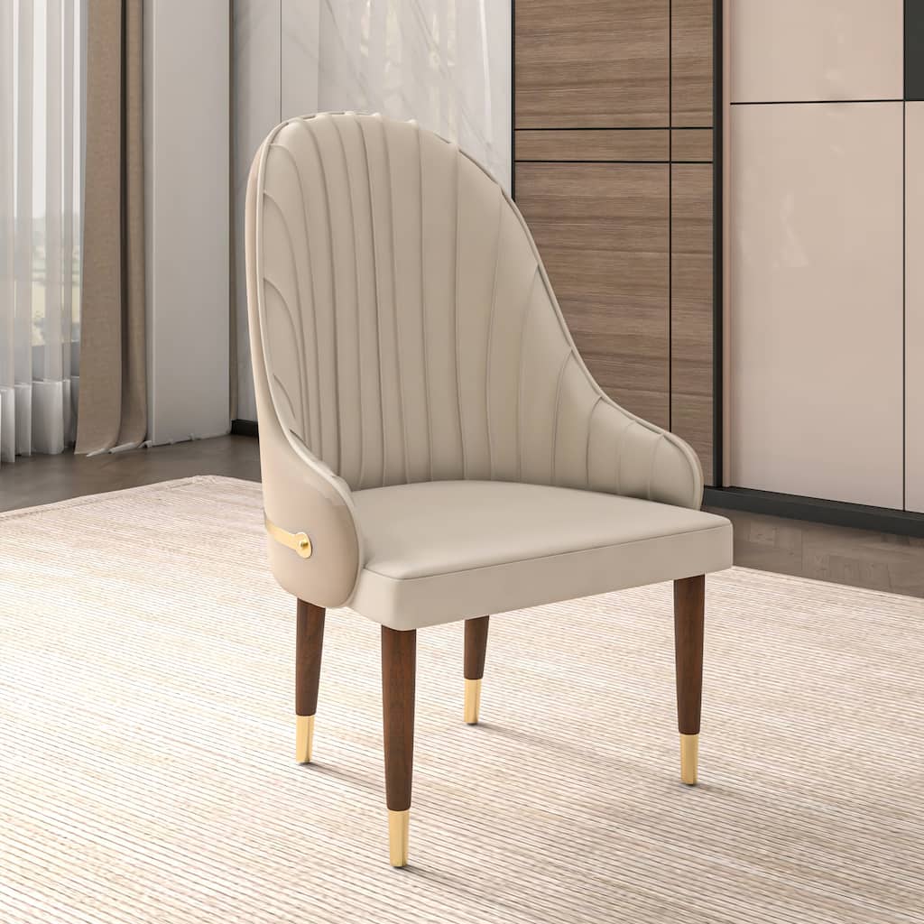 Elara Leather Mid-Century Modern Leather Upholstered Dining Chair with Ruberwood Legs and Gold Accents for Home or Office