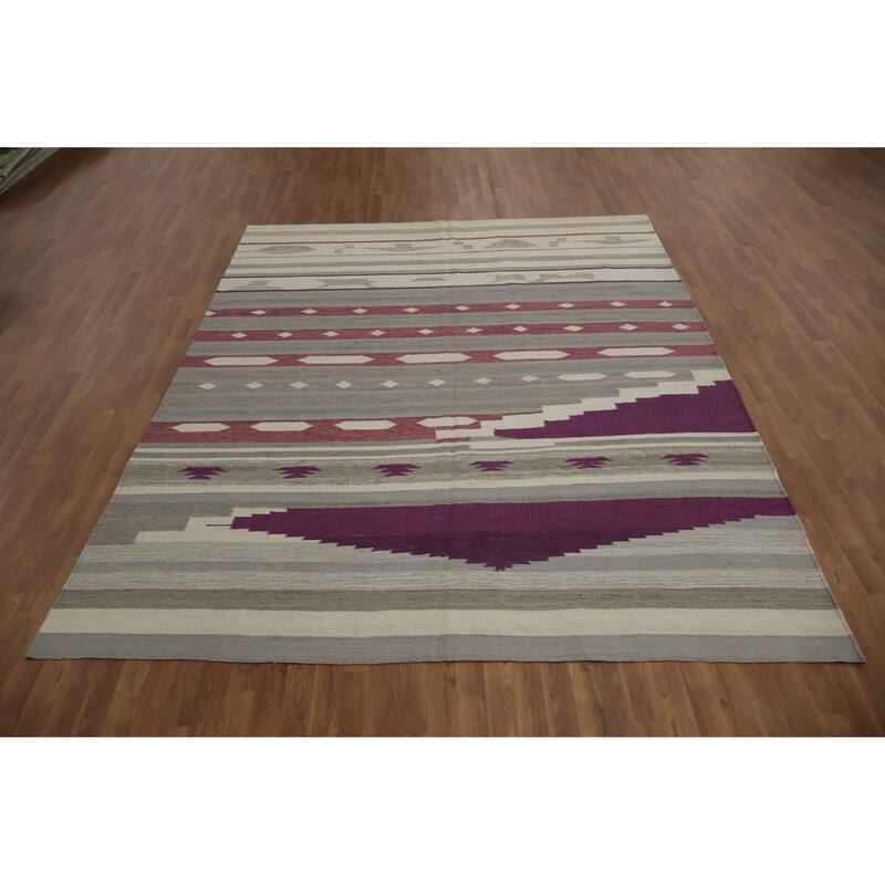 Hand Woven Oriental 100% Wool Carpet Southwestern Tribal Greys & Charcoal Kilim Area Rug - 10' 3'' X 8' 3''