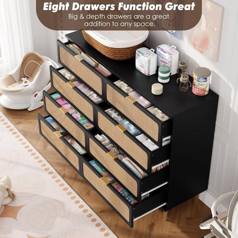 Rattan 8 Drawer Dressers TV Stand for Bedroom Living Room