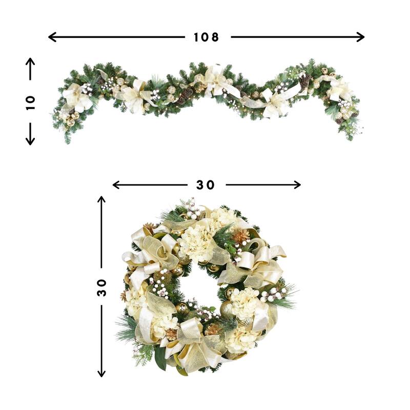 Holiday Bundle with 9' Decorated Garland and 32" Hydrangea Wreath - Cream, Gold - 32Hx32Wx9D, 10Hx8Wx108D
