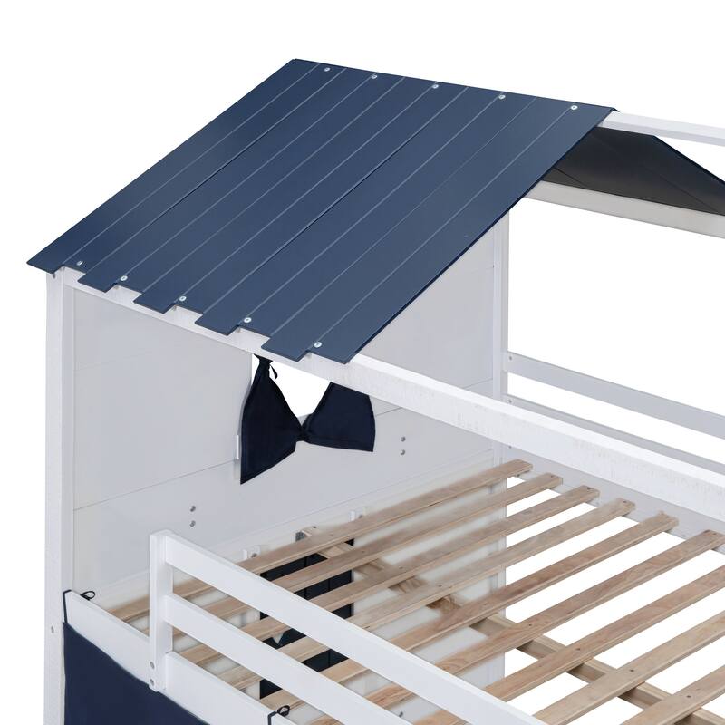 Full Size Wooden Bunk Bed with Elegant Windows and Tent Design, Blue and White