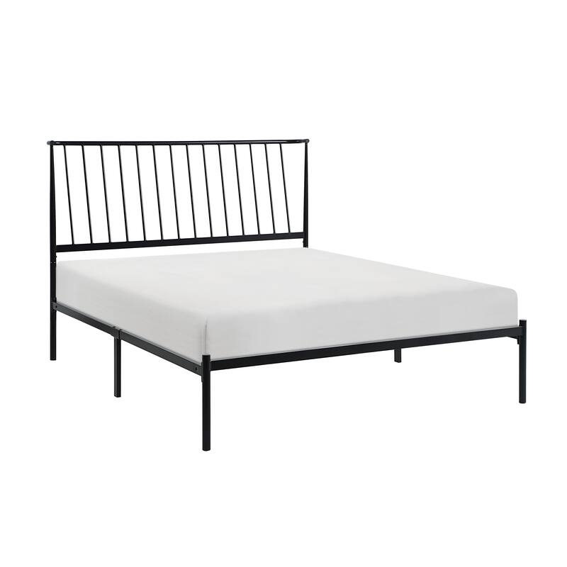 Queen Size Metal Platform Bed with Angled Headboard and Farmhouse Style - Black