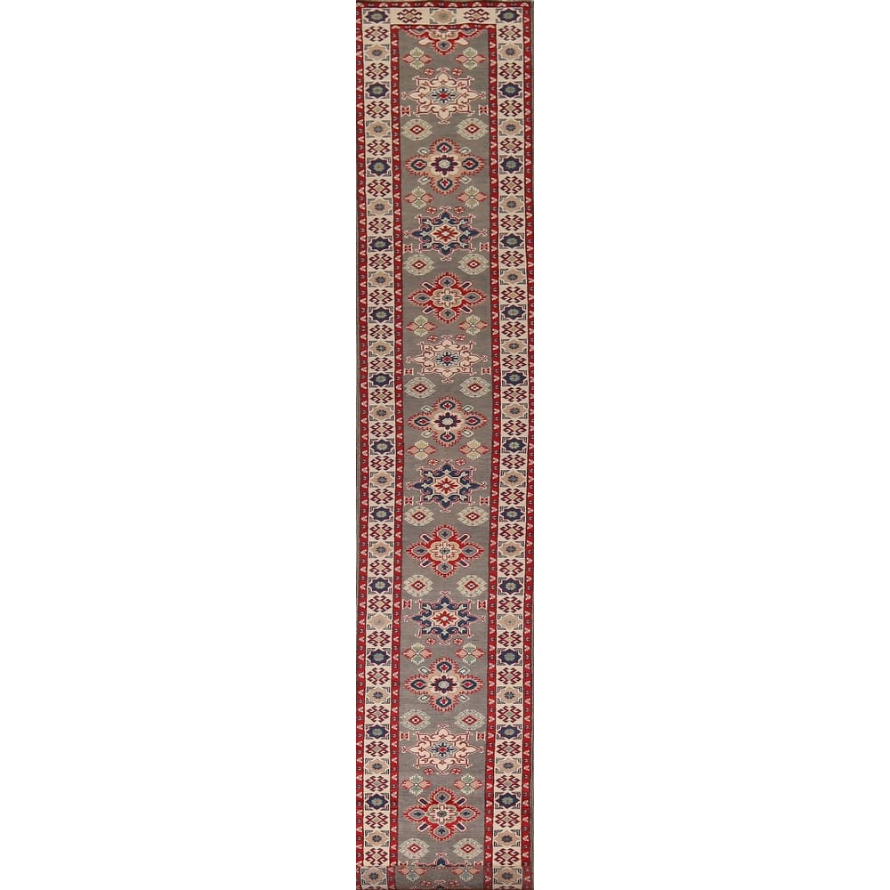 Geometric Kazak Runner Rug Hand-Knotted Oriental Grey Wool Carpet - 2'2" x 19'2"