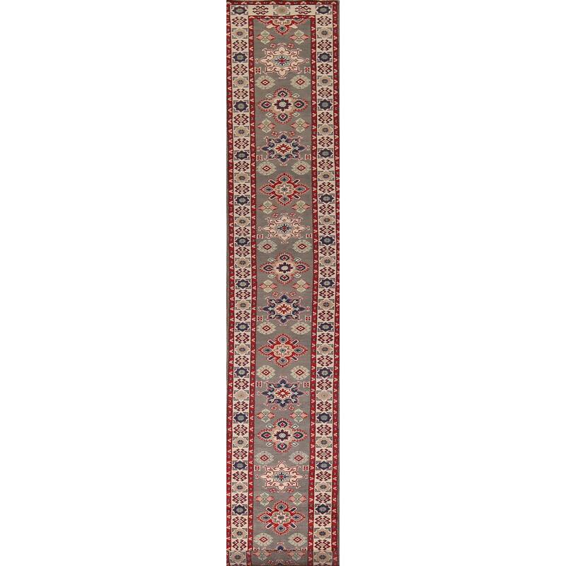 Geometric Kazak Runner Rug Hand-Knotted Oriental Grey Wool Carpet - 2'2" x 19'2"