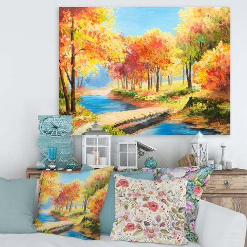 Designart "Yellow and Orange Trees By The Riverside" Lake House Canvas Wall Art Print