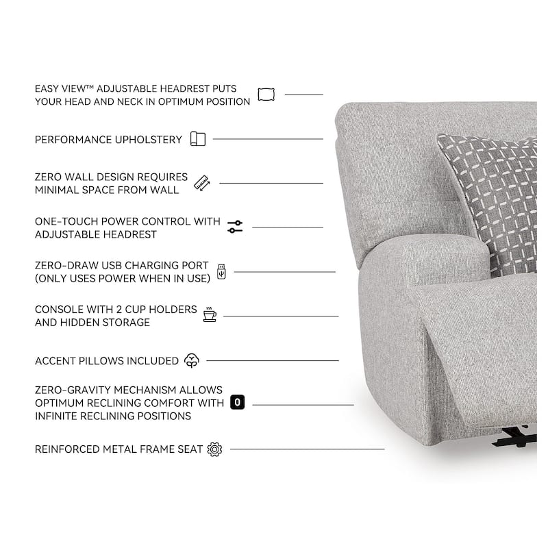 Signature Design by Ashley Acklen Place Light Gray 3-Piece Power Reclining Sectional Sofa with Chaise - 94" W x 70" D x 40" H