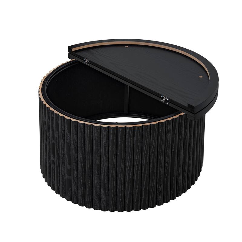 Round Coffee Table with Wood Grain Vertical Stripes, Small Fluted Circle Side Table, Center Table with Adjustable Feet