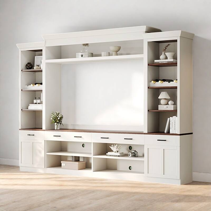 108.2" Media Wall Unit - Two-Tone Walnut/Black, Wine Racks and 4 Cable Holes - White + Deep Walnut