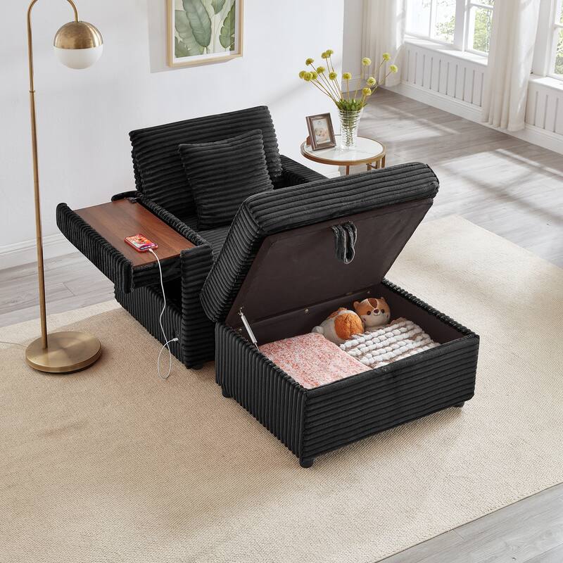Fluffy Corduroy Lazy Sofa Chaise Lounge with Accent Chair, Storage Ottoman, Folding Table Board, Cup Holder and USB - Black
