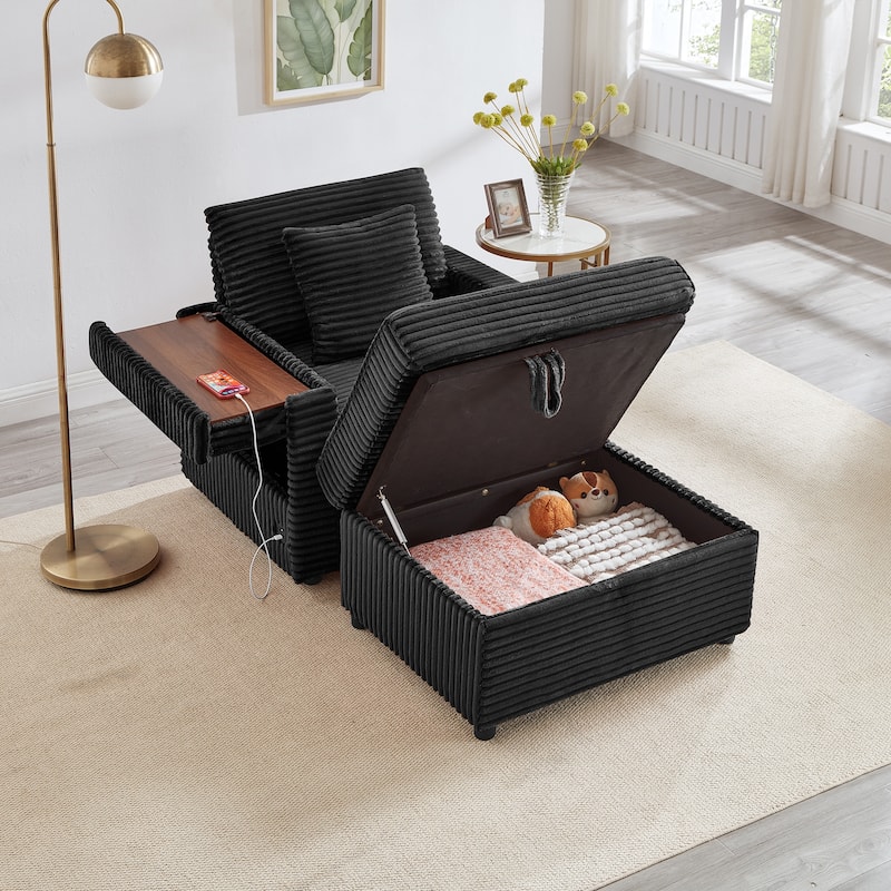 Single Lazy Sofa Chair with Storage Ottoman, Chaise Lounge with USB Charging, Recliner Sofa Chair with Cup Holder