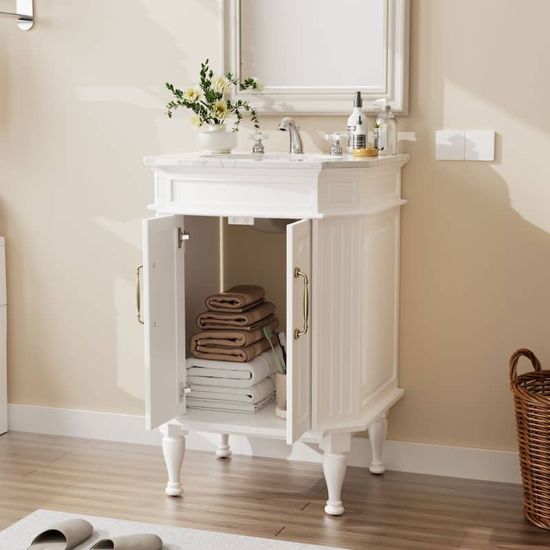 Elegant 24-Inch European Bathroom Vanity with Gold Accents and Marble-Style Sink