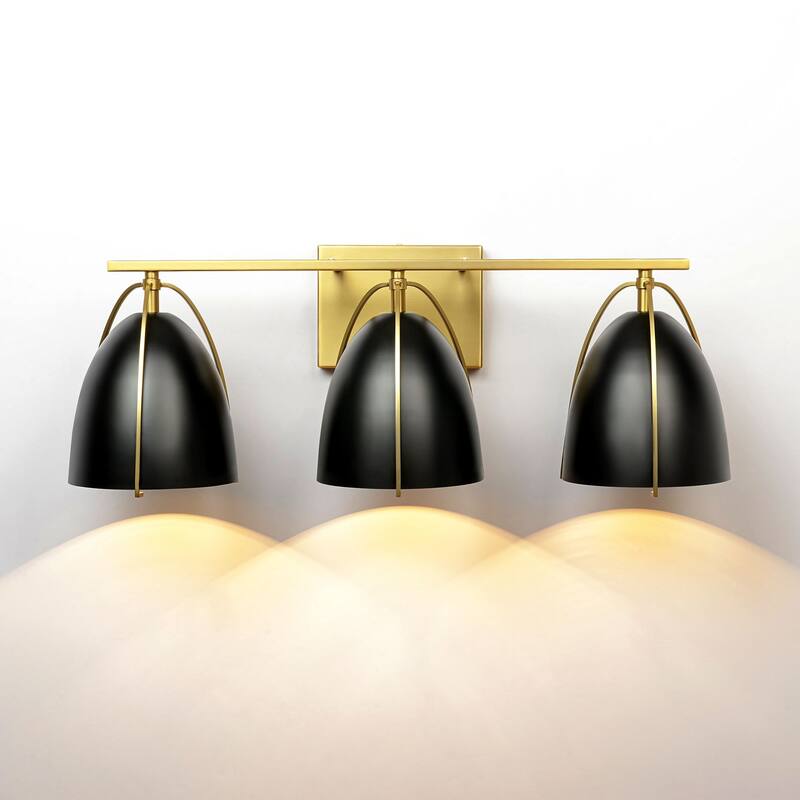 3-Light Mid-Century Modern Black and Brushed Gold Bowl Dome Vanity Light - 23.23 in. W x 8.66 in. H x 8.66 in. D
