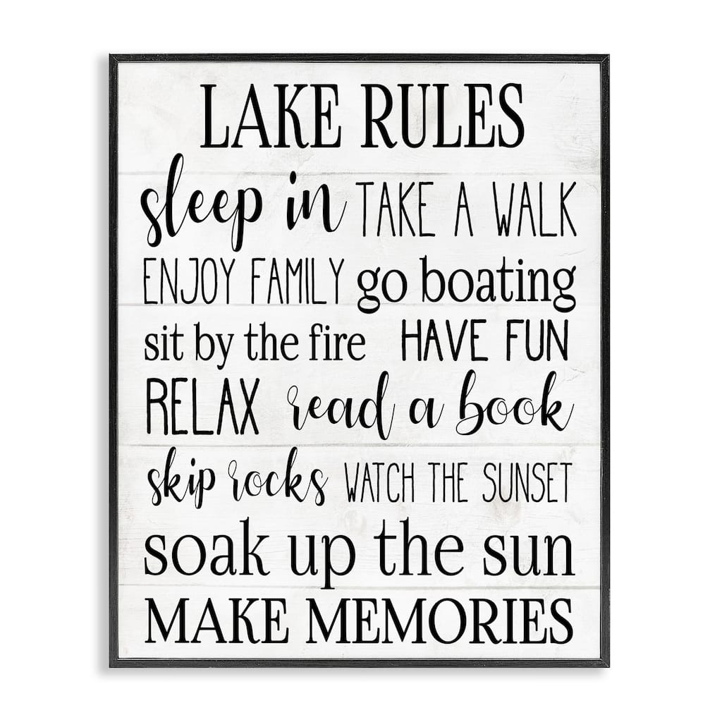 Stupell Motivational Lake Rules Sign Text Styles Black White Framed Giclee Texturized Art by Daphne Polselli