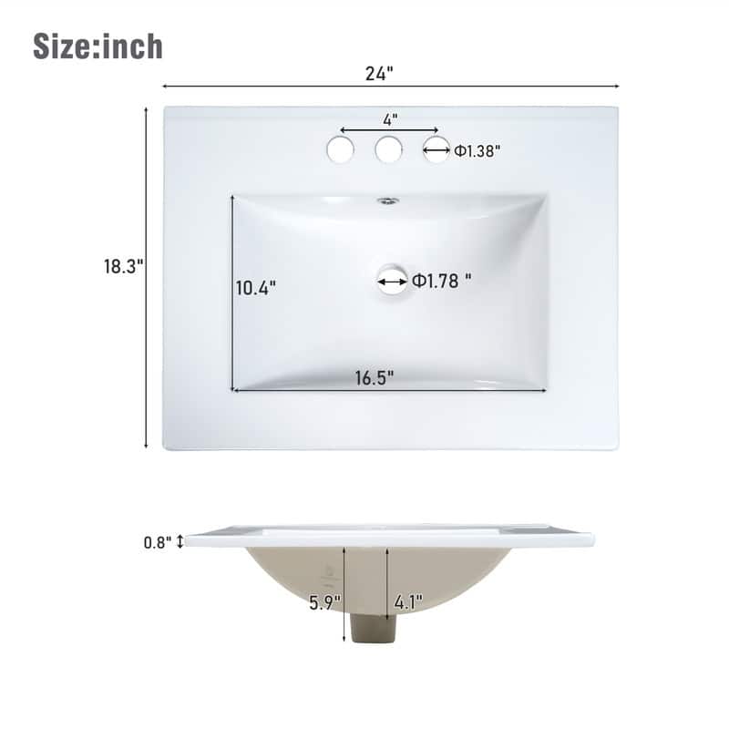 24'' Bathroom Vanity with Ceramic Sink Top, Freestanding Bathroom Vanity Cabinet with 1 Soft Close Door and 2 Storage Drawers