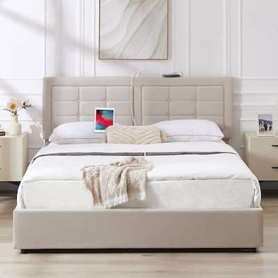 VECELO Bed Frame with USB and Type C Ports, Adjustable Tufted Button Headboard, Upholstered Platform Bed Frame