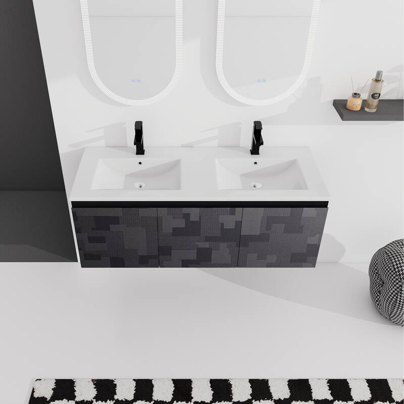 Plywood Wall Mounting Bathroom Vanity Set in Black with Integrated Ceramic Sink - 48" x 18" x 17" - Painted - Black