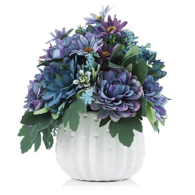 Enova Home Artificial Silk Daisy and Mixed Fake Flowers Arrangement in White Ceramic Pot for Home Garden Decoration