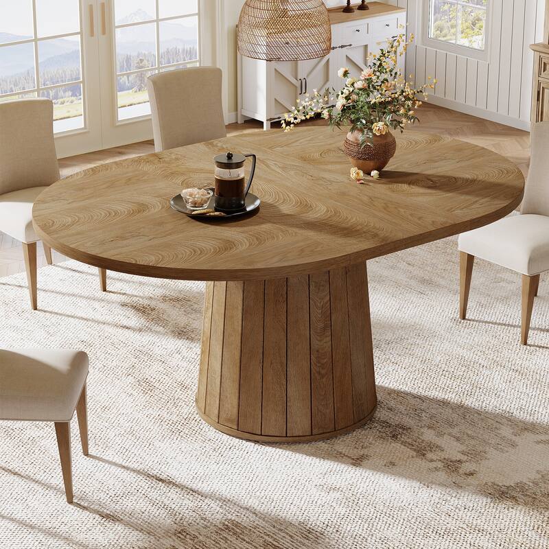 55-Inch Oval Farmhouse Dining Table for 6, Pedestal Base Kitchen Table - Light Brown