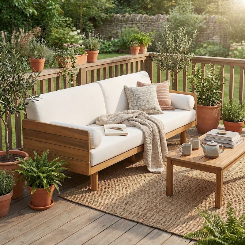 Christopher Knight Home - Mid-Century Acacia Wood Outdoor 3-Seater Patio Sofa with Water-Resistant Cushions and Bolster Pillows - Light Teak Finish