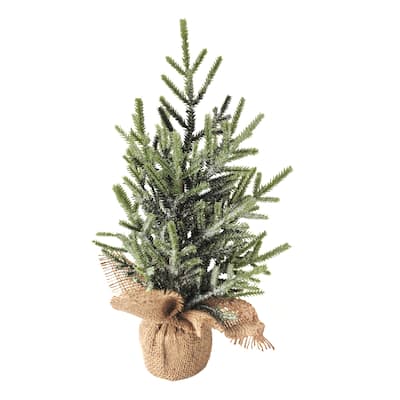 Frosted Pine Tree with Natural Jute Base Christmas Decoration - 13.25"