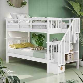 Stairway Twin over Twin Bunk Bed with Storage and Guard Rail, White ...