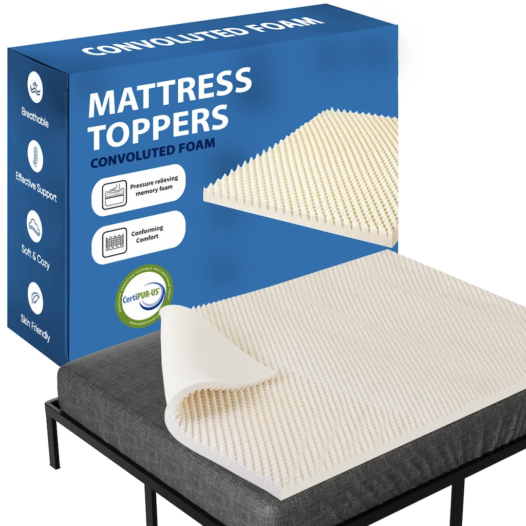 1", 2" & 3" Convoluted Copper-Infused Memory Foam Mattress Toppers, Beige