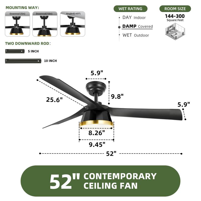 Modern 52 Inch Ceiling Fans with Lights & Remote For Indoor - 52"