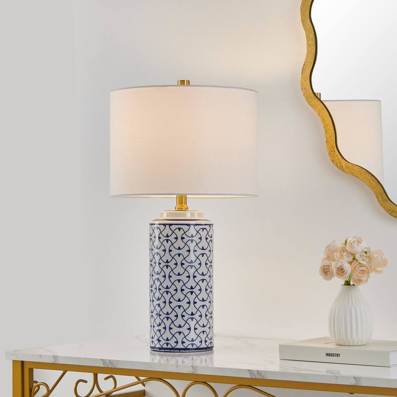 21.75 inch Blue Ceramic Table lamp with White Drum Lampshade - W12" x H21.75"