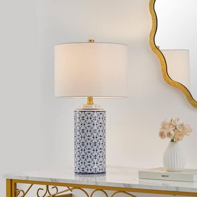 21.75 inch Blue Ceramic Table lamp with White Drum Lampshade - W12" * H21.75"