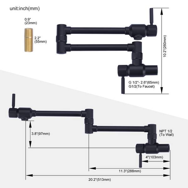 dimension image slide 4 of 7, WOWOW Wall Mounted Pot Filler Faucet with Double Joint Swing Arms