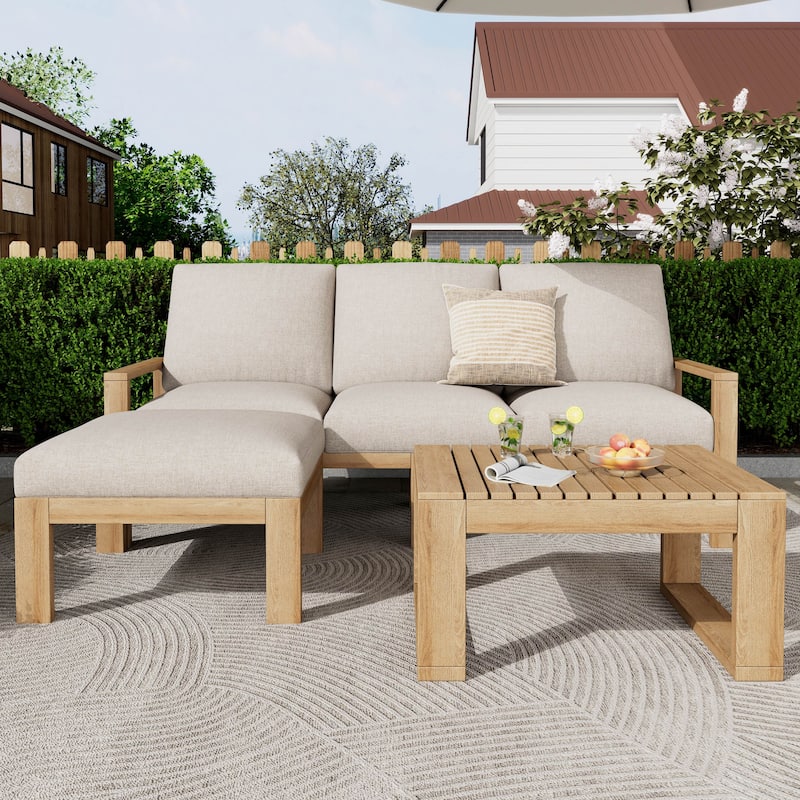 3-Piece Acacia Wood Sectional Patio Sofa Set - Outdoor L-Shaped Lounge Set with Cushions - for Porch or Backyard - Grey
