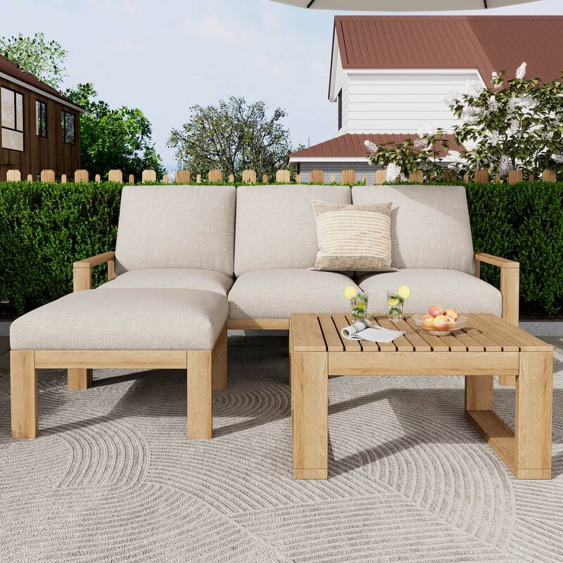 Outdoor 3 Piece Acacia Wood Patio Conversation Set for 4 People, L Shaped Deep Seat Sectional Sofa with Coffee Table and Ottoman