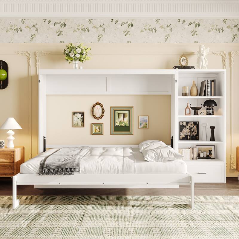 Murphy Bed Foldable Platform Bed Frame Queen Size Wall Bed with Drawer and Storage Cabinet Adjustable Height Compartments Shelf