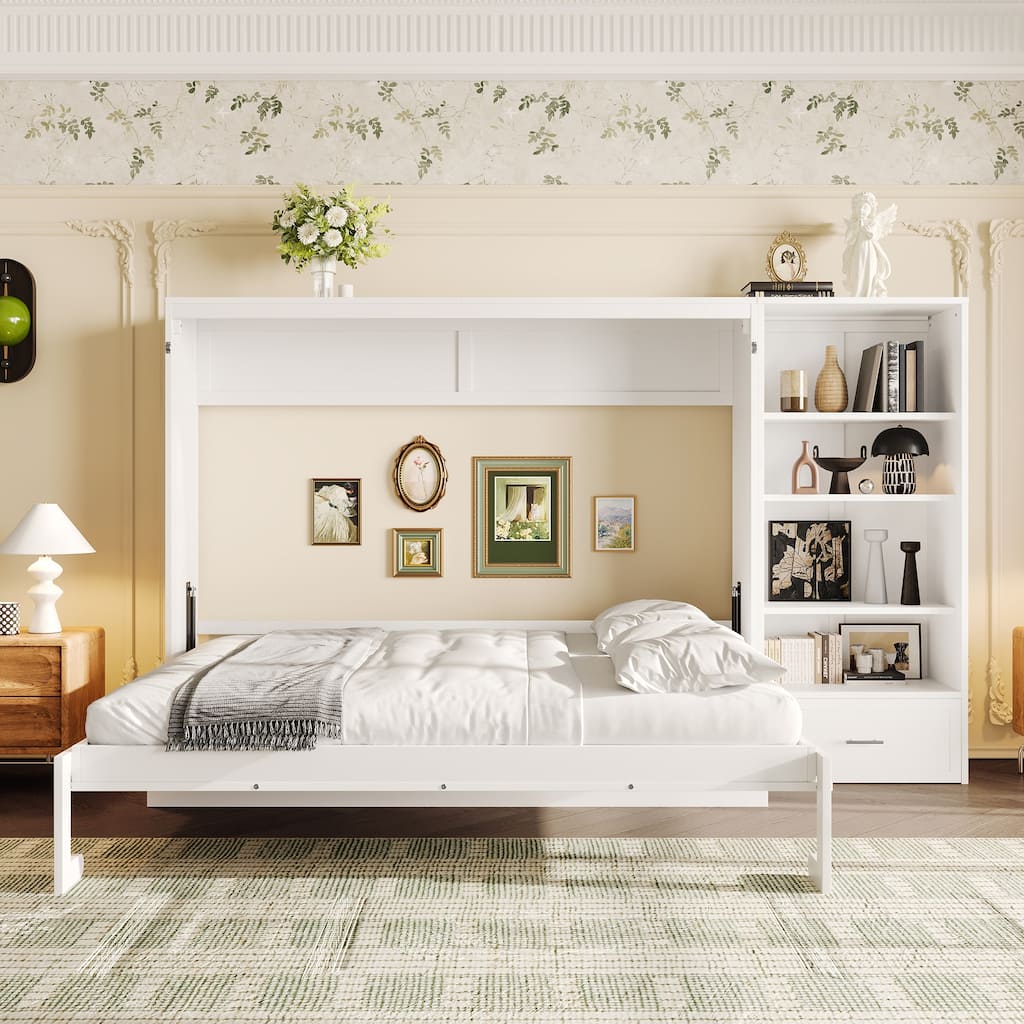 Space-Saving Queen Murphy Bed with Adjustable Storage & Drawer, Foldable Wall Bed for Small Spaces