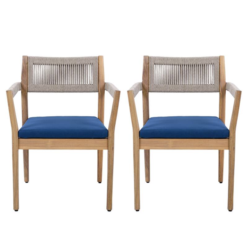 Braided Acacia Wood Outdoor Dining Chairs Set of 2, Armrests - All-Weather Patio Furniture