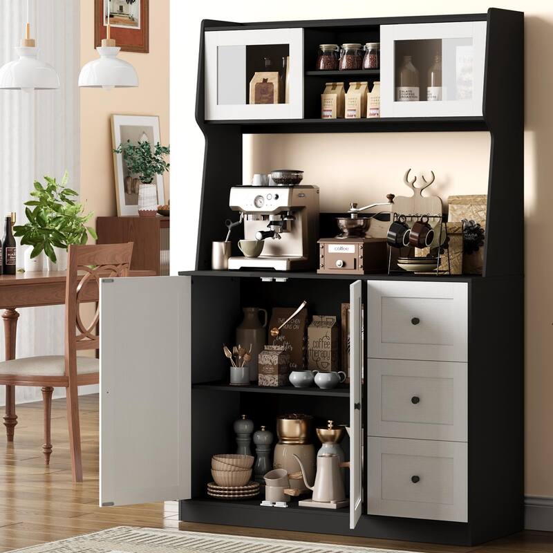 67" Tall Kitchen Hutch Storage Cabinet, Farmhosue Coffee Bar Cabinet with 3 Drawers
