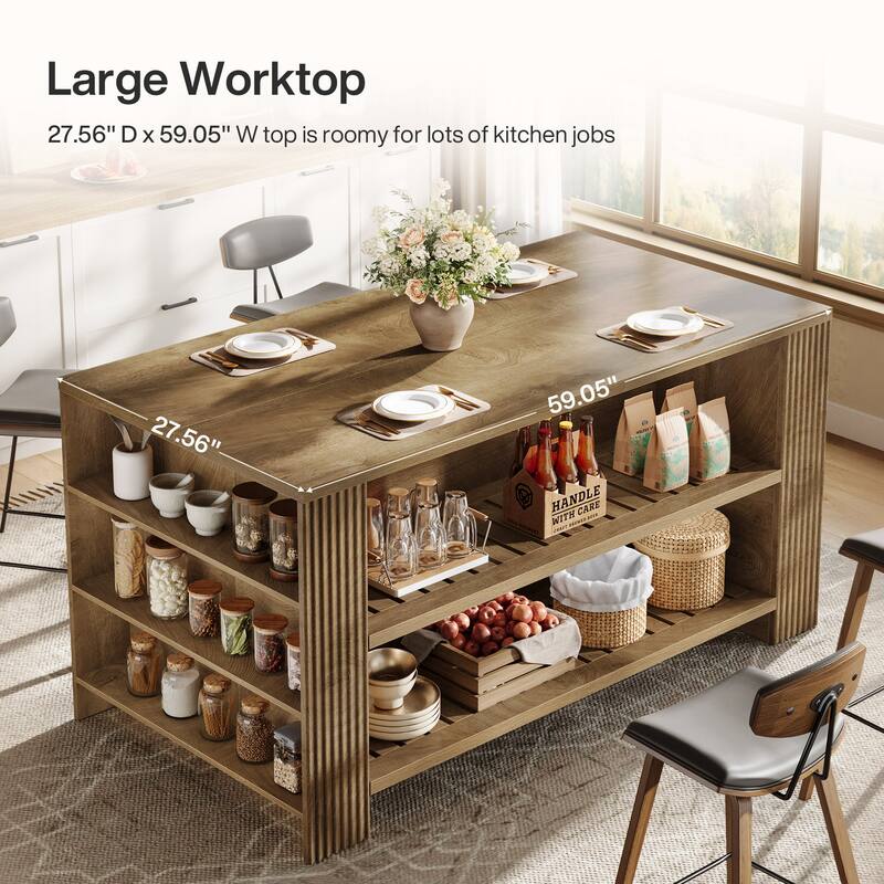 59 Inch Large Kitchen Island with Storage Shelves and Seating - 27.55" D x 59.05" W x 35.43" H