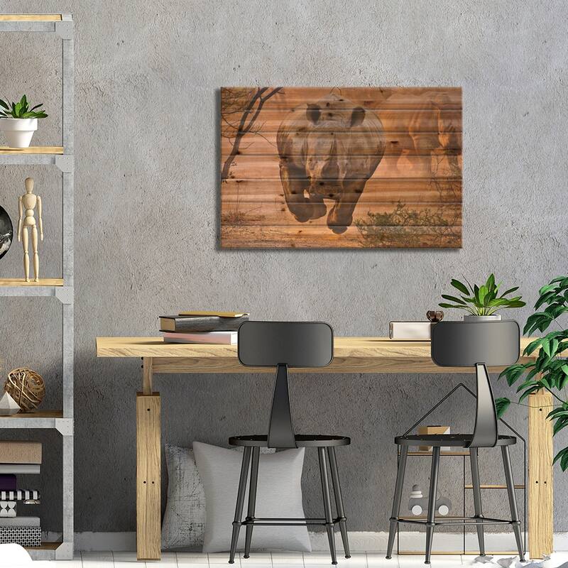 Rhino Learning To Fly Print On Wood by Justus Vermaak - Multi-Color
