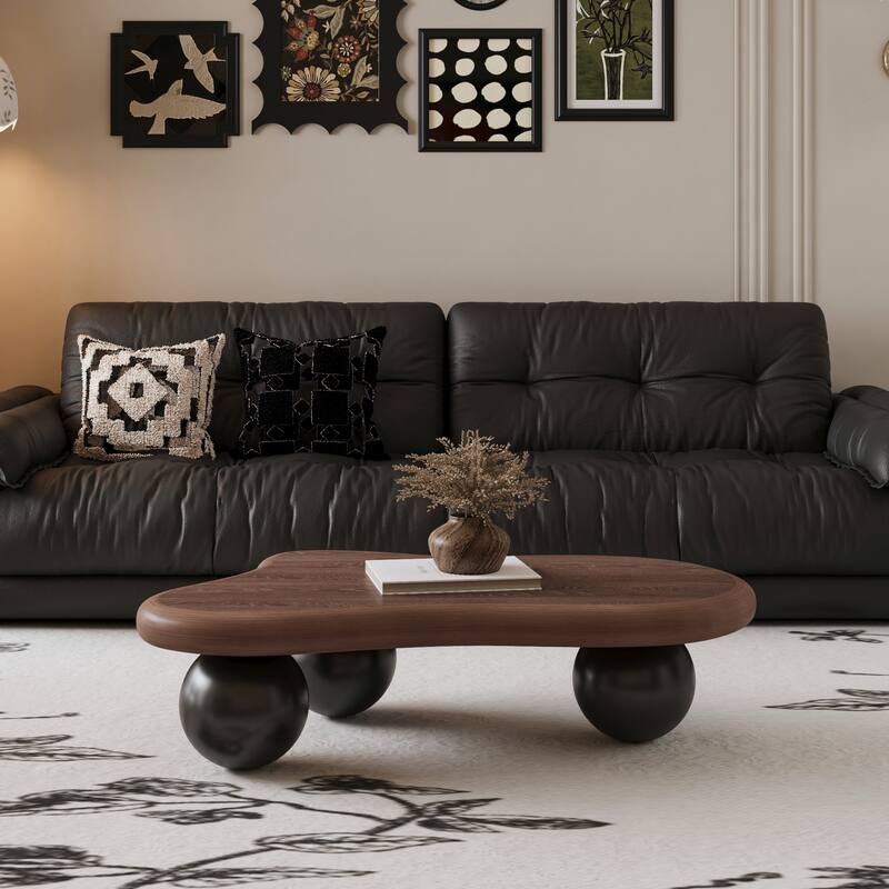 40 Inch Cloud Shaped Coffee Table with 3 Ball Legs for Living Room, Walnut Top Black Legs
