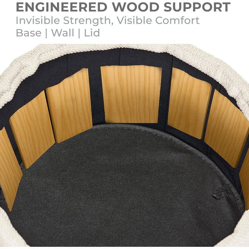 Modern Linen Ottoman with Pine Legs and Hidden Storage Flip Tray